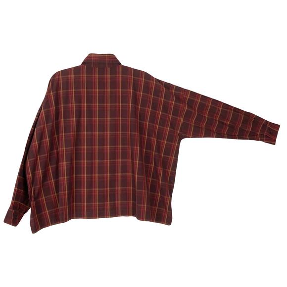 NWOT ESKANDAR Shirt 1~S~M~L~XL Oversized Plaid Brown Red High-Low Btn-Up Long-Sl - Picture 2 of 13